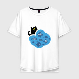 Мужская футболка хлопок Oversize с принтом Кот программиста в Белгороде, 100% хлопок | свободный крой, круглый ворот, “спинка” длиннее передней части | картинки со смыслом | код | кот | котик | ловить рыбку | офис | прикольные картинки | программистам | работа