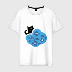 Мужская футболка хлопок с принтом Кот программиста в Белгороде, 100% хлопок | прямой крой, круглый вырез горловины, длина до линии бедер, слегка спущенное плечо. | картинки со смыслом | код | кот | котик | ловить рыбку | офис | прикольные картинки | программистам | работа
