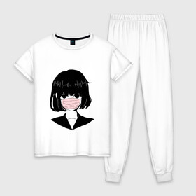Женская пижама хлопок с принтом MIRRORS Sad Japanese Aesthetic в Белгороде, 100% хлопок | брюки и футболка прямого кроя, без карманов, на брюках мягкая резинка на поясе и по низу штанин | 