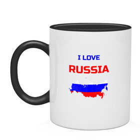 Кружка двухцветная с принтом Я люблю Россию (I love Russia) в Белгороде, керамика | объем — 330 мл, диаметр — 80 мм. Цветная ручка и кайма сверху, в некоторых цветах — вся внутренняя часть | i love | russia | russian | я люблю россию