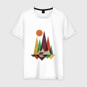 Мужская футболка хлопок с принтом Горный медведь в Белгороде, 100% хлопок | прямой крой, круглый вырез горловины, длина до линии бедер, слегка спущенное плечо. | абстракция | геометрия | горы | медведь | солнце