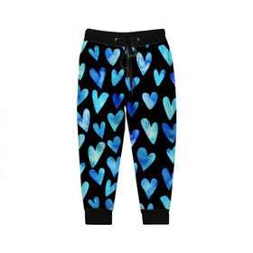 Детские брюки 3D с принтом Blue Hearts в Белгороде, 100% полиэстер | манжеты по низу, эластичный пояс регулируется шнурком, по бокам два кармана без застежек, внутренняя часть кармана из мелкой сетки | акварель | любовь | паттерн | сердечки