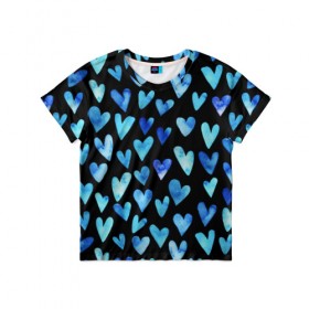 Детская футболка 3D с принтом Blue Hearts в Белгороде, 100% гипоаллергенный полиэфир | прямой крой, круглый вырез горловины, длина до линии бедер, чуть спущенное плечо, ткань немного тянется | Тематика изображения на принте: акварель | любовь | паттерн | сердечки