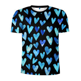 Мужская футболка 3D спортивная с принтом Blue Hearts в Белгороде, 100% полиэстер с улучшенными характеристиками | приталенный силуэт, круглая горловина, широкие плечи, сужается к линии бедра | акварель | любовь | паттерн | сердечки