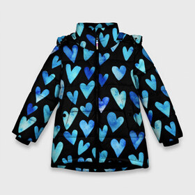 Зимняя куртка для девочек 3D с принтом Blue Hearts в Белгороде, ткань верха — 100% полиэстер; подклад — 100% полиэстер, утеплитель — 100% полиэстер. | длина ниже бедра, удлиненная спинка, воротник стойка и отстегивающийся капюшон. Есть боковые карманы с листочкой на кнопках, утяжки по низу изделия и внутренний карман на молнии. 

Предусмотрены светоотражающий принт на спинке, радужный светоотражающий элемент на пуллере молнии и на резинке для утяжки. | Тематика изображения на принте: акварель | любовь | паттерн | сердечки