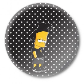 Значок с принтом Барт с дредами в Белгороде,  металл | круглая форма, металлическая застежка в виде булавки | Тематика изображения на принте: bart simspon | black | барт | горошек | дреды | симпсон | черный