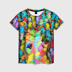 Женская футболка 3D с принтом Котики на дискотеке в Белгороде, 100% полиэфир ( синтетическое хлопкоподобное полотно) | прямой крой, круглый вырез горловины, длина до линии бедер | кошки | паттерн | психоделика | разноцветный | яркий