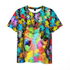 Мужская футболка 3D с принтом Котики на дискотеке в Белгороде, 100% полиэфир | прямой крой, круглый вырез горловины, длина до линии бедер | Тематика изображения на принте: кошки | паттерн | психоделика | разноцветный | яркий
