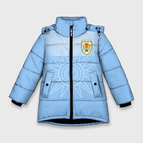 Зимняя куртка для девочек 3D с принтом Уругвай домашняя форма в Белгороде, ткань верха — 100% полиэстер; подклад — 100% полиэстер, утеплитель — 100% полиэстер. | длина ниже бедра, удлиненная спинка, воротник стойка и отстегивающийся капюшон. Есть боковые карманы с листочкой на кнопках, утяжки по низу изделия и внутренний карман на молнии. 

Предусмотрены светоотражающий принт на спинке, радужный светоотражающий элемент на пуллере молнии и на резинке для утяжки. | домашняя форма | уругвай | уругвай домашняя форма