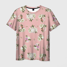 Мужская футболка 3D с принтом Пионы розовые в Белгороде, 100% полиэфир | прямой крой, круглый вырез горловины, длина до линии бедер | букет | пионы | розовый | розы | цветы