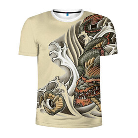 Мужская футболка 3D спортивная с принтом Восточный дракон в Белгороде, 100% полиэстер с улучшенными характеристиками | приталенный силуэт, круглая горловина, широкие плечи, сужается к линии бедра | Тематика изображения на принте: восток | дракон | тату | татуировка | япония