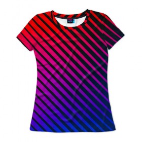 Женская футболка 3D с принтом Градиентные линии в Белгороде, 100% полиэфир ( синтетическое хлопкоподобное полотно) | прямой крой, круглый вырез горловины, длина до линии бедер | Тематика изображения на принте: абстракция | градиент | красный | линии | полосы | синий | темный | цвет