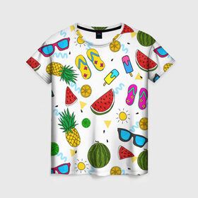 Женская футболка 3D с принтом Летняя в Белгороде, 100% полиэфир ( синтетическое хлопкоподобное полотно) | прямой крой, круглый вырез горловины, длина до линии бедер | hot | lemon | summer | sun | ананас | арбуз | жара | курорт | лайм | лето | лимон | море | мороженое | отдых | очки | пляж | солнце