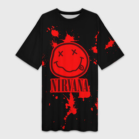 Платье-футболка 3D с принтом Nirvana в Белгороде,  |  | cobain | kurt | nevermino | nirvana | альтернативный | гранж | грол | группа | дональд | кобейн | курт | музыка | надпись | нервана | нирвана | новоселич | певец | рок | смайл | смайлик | солист