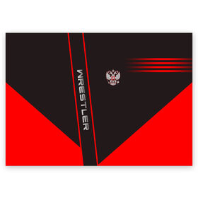 Поздравительная открытка с принтом Wrestler в Белгороде, 100% бумага | плотность бумаги 280 г/м2, матовая, на обратной стороне линовка и место для марки
 | Тематика изображения на принте: борец | борьба | геометрия | красный | россия | рф | черный