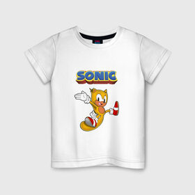 Детская футболка хлопок с принтом Sonic в Белгороде, 100% хлопок | круглый вырез горловины, полуприлегающий силуэт, длина до линии бедер | Тематика изображения на принте: hedgehog | knuckles | sega | sonic | super | tails | ёжик | ехидна | лисенок | лисица | наклз | сега | соник | супер | суперёжик | тэилз | тэилс