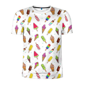 Мужская футболка 3D спортивная с принтом Летний MIX в Белгороде, 100% полиэстер с улучшенными характеристиками | приталенный силуэт, круглая горловина, широкие плечи, сужается к линии бедра | Тематика изображения на принте: мороженное | пироженное