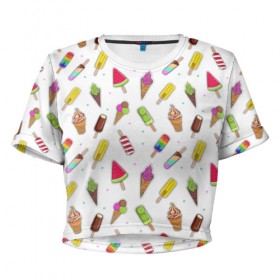 Женская футболка Cropp-top с принтом Летний MIX в Белгороде, 100% полиэстер | круглая горловина, длина футболки до линии талии, рукава с отворотами | мороженное | пироженное