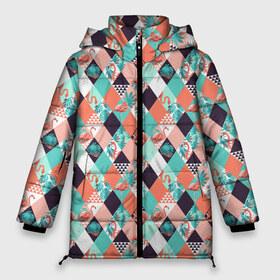 Женская зимняя куртка 3D с принтом Фламинго в Белгороде, верх — 100% полиэстер; подкладка — 100% полиэстер; утеплитель — 100% полиэстер | длина ниже бедра, силуэт Оверсайз. Есть воротник-стойка, отстегивающийся капюшон и ветрозащитная планка. 

Боковые карманы с листочкой на кнопках и внутренний карман на молнии | пальмы | птица | разноцветная | розовый | розовый фламинго | ромбики | тропики | фламинго | цветная