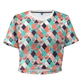 Женская футболка Cropp-top с принтом Фламинго в Белгороде, 100% полиэстер | круглая горловина, длина футболки до линии талии, рукава с отворотами | пальмы | птица | разноцветная | розовый | розовый фламинго | ромбики | тропики | фламинго | цветная