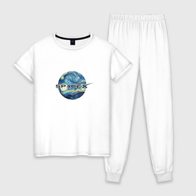 Женская пижама хлопок с принтом Space X в Белгороде, 100% хлопок | брюки и футболка прямого кроя, без карманов, на брюках мягкая резинка на поясе и по низу штанин | ван гог | илон | илон маск | искусство | космос | лунная ночь | маск | небо | прикольная | технологии | тренд