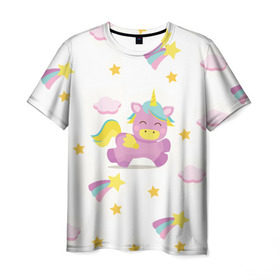 Мужская футболка 3D с принтом Розовый единорог в Белгороде, 100% полиэфир | прямой крой, круглый вырез горловины, длина до линии бедер | единорог | звезда | легенда | лошадь | милые | миф | радуга | рог | символ | сказка | существо | яркие