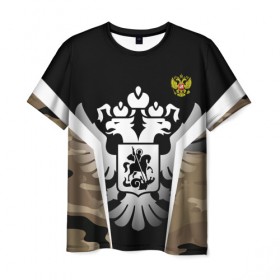 Мужская футболка 3D с принтом RUSSIA - CAMOUFLAGE в Белгороде, 100% полиэфир | прямой крой, круглый вырез горловины, длина до линии бедер | 3d | black | герб | двуглавый орел | камуфляж | логотип | патриот | полоски | россия | русский | силуэт | черный