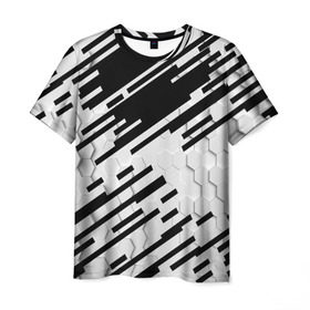 Мужская футболка 3D с принтом HEXAGON - Black and White в Белгороде, 100% полиэфир | прямой крой, круглый вырез горловины, длина до линии бедер | Тематика изображения на принте: 