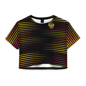 Женская футболка 3D укороченная с принтом RUSSIA - Multi-colored stripes в Белгороде, 100% полиэстер | круглая горловина, длина футболки до линии талии, рукава с отворотами | 