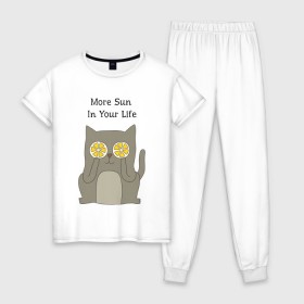 Женская пижама хлопок с принтом More Sun In Your Life в Белгороде, 100% хлопок | брюки и футболка прямого кроя, без карманов, на брюках мягкая резинка на поясе и по низу штанин | cat | lemon | summer | кот | котэ | кошка | лето | лимон | солнце | сочный