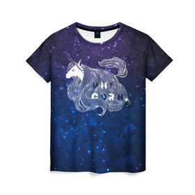 Женская футболка 3D с принтом Мечтающий Единорог в Белгороде, 100% полиэфир ( синтетическое хлопкоподобное полотно) | прямой крой, круглый вырез горловины, длина до линии бедер | animal | art | cute | horse | imagination | magic | unicorn | арт | белый | волшебство | воображение | единорог | лошадь | магия | милый | рисунок | синий | сиреневый | сказка | сказочный | фантастика | фиолетовый | фэнтези