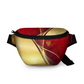 Поясная сумка 3D с принтом RUSSIA SPORT: Red and Gold. в Белгороде, 100% полиэстер | плотная ткань, ремень с регулируемой длиной, внутри несколько карманов для мелочей, основное отделение и карман с обратной стороны сумки застегиваются на молнию | abstract | design | geometry | hexagon | red and black | russia | sport | texture | абстракция | геометрия | герб | дизайн | патриот | патриотизм | россия | русский | соты | спорт | текстура | шестиугольники