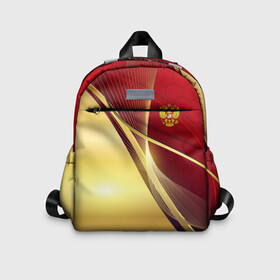 Детский рюкзак 3D с принтом RUSSIA SPORT: Red and Gold. в Белгороде, 100% полиэстер | лямки с регулируемой длиной, сверху петелька, чтобы рюкзак можно было повесить на вешалку. Основное отделение закрывается на молнию, как и внешний карман. Внутри дополнительный карман. По бокам два дополнительных кармашка | Тематика изображения на принте: abstract | design | geometry | hexagon | red and black | russia | sport | texture | абстракция | геометрия | герб | дизайн | патриот | патриотизм | россия | русский | соты | спорт | текстура | шестиугольники
