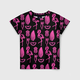 Детская футболка 3D с принтом Светящийся фламинго в Белгороде, 100% гипоаллергенный полиэфир | прямой крой, круглый вырез горловины, длина до линии бедер, чуть спущенное плечо, ткань немного тянется | Тематика изображения на принте: африка | крылья | мода | прикольные | природа | птица | розовый | фламинго | цвет | яркие