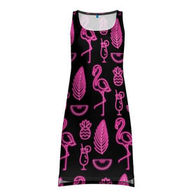 Платье-майка 3D с принтом Светящийся фламинго в Белгороде, 100% полиэстер | полуприлегающий силуэт, широкие бретели, круглый вырез горловины, удлиненный подол сзади. | африка | крылья | мода | прикольные | природа | птица | розовый | фламинго | цвет | яркие