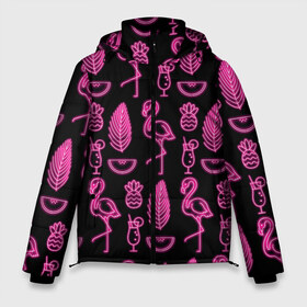 Мужская зимняя куртка 3D с принтом Светящийся фламинго в Белгороде, верх — 100% полиэстер; подкладка — 100% полиэстер; утеплитель — 100% полиэстер | длина ниже бедра, свободный силуэт Оверсайз. Есть воротник-стойка, отстегивающийся капюшон и ветрозащитная планка. 

Боковые карманы с листочкой на кнопках и внутренний карман на молнии. | африка | крылья | мода | прикольные | природа | птица | розовый | фламинго | цвет | яркие