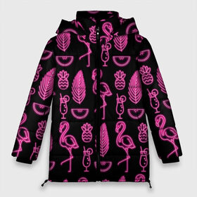 Женская зимняя куртка 3D с принтом Светящийся фламинго в Белгороде, верх — 100% полиэстер; подкладка — 100% полиэстер; утеплитель — 100% полиэстер | длина ниже бедра, силуэт Оверсайз. Есть воротник-стойка, отстегивающийся капюшон и ветрозащитная планка. 

Боковые карманы с листочкой на кнопках и внутренний карман на молнии | африка | крылья | мода | прикольные | природа | птица | розовый | фламинго | цвет | яркие