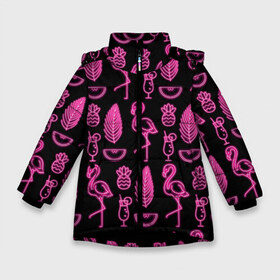 Зимняя куртка для девочек 3D с принтом Светящийся фламинго в Белгороде, ткань верха — 100% полиэстер; подклад — 100% полиэстер, утеплитель — 100% полиэстер. | длина ниже бедра, удлиненная спинка, воротник стойка и отстегивающийся капюшон. Есть боковые карманы с листочкой на кнопках, утяжки по низу изделия и внутренний карман на молнии. 

Предусмотрены светоотражающий принт на спинке, радужный светоотражающий элемент на пуллере молнии и на резинке для утяжки. | африка | крылья | мода | прикольные | природа | птица | розовый | фламинго | цвет | яркие