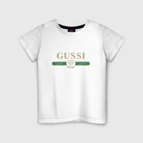 Детская футболка хлопок с принтом Gussi в Белгороде, 100% хлопок | круглый вырез горловины, полуприлегающий силуэт, длина до линии бедер | ga ga ga | gang | gucci | guchi | guci | gusi | gussi | га га га | гуси | гусси | гучи | гуччи | модный гусь