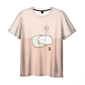 Мужская футболка 3D с принтом Molang Сладкий Сон в Белгороде, 100% полиэфир | прямой крой, круглый вырез горловины, длина до линии бедер | kawaii | аниме | зайчик | зая | заяц | каваи | клубника | мимими | моланг | розовый | сон