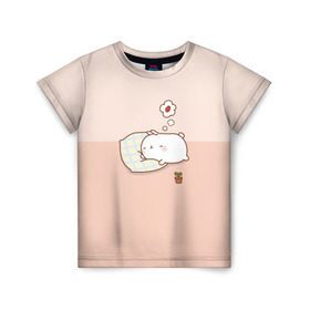Детская футболка 3D с принтом Molang Сладкий Сон в Белгороде, 100% гипоаллергенный полиэфир | прямой крой, круглый вырез горловины, длина до линии бедер, чуть спущенное плечо, ткань немного тянется | kawaii | аниме | зайчик | зая | заяц | каваи | клубника | мимими | моланг | розовый | сон