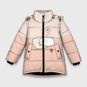 Зимняя куртка для девочек 3D с принтом Molang Сладкий Сон в Белгороде, ткань верха — 100% полиэстер; подклад — 100% полиэстер, утеплитель — 100% полиэстер. | длина ниже бедра, удлиненная спинка, воротник стойка и отстегивающийся капюшон. Есть боковые карманы с листочкой на кнопках, утяжки по низу изделия и внутренний карман на молнии. 

Предусмотрены светоотражающий принт на спинке, радужный светоотражающий элемент на пуллере молнии и на резинке для утяжки. | Тематика изображения на принте: kawaii | аниме | зайчик | зая | заяц | каваи | клубника | мимими | моланг | розовый | сон