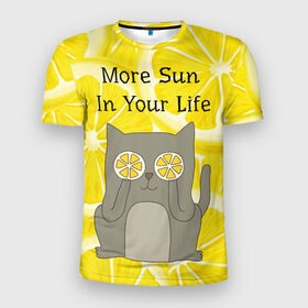 Мужская футболка 3D спортивная с принтом More Sun In Your Life в Белгороде, 100% полиэстер с улучшенными характеристиками | приталенный силуэт, круглая горловина, широкие плечи, сужается к линии бедра | Тематика изображения на принте: cat | kitty | lemon | lemonade | limon | pussycat | summer | жара | желтый | кот | котенок | котики | котэ | кошка | лемон | лемонад | лето | лимон | лимонад | позитив | серый | сок | солнце | сочный | фрукт | цитрус | черный | яркий