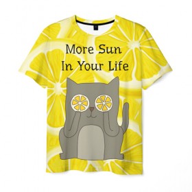 Мужская футболка 3D с принтом More Sun In Your Life в Белгороде, 100% полиэфир | прямой крой, круглый вырез горловины, длина до линии бедер | cat | kitty | lemon | lemonade | limon | pussycat | summer | жара | желтый | кот | котенок | котики | котэ | кошка | лемон | лемонад | лето | лимон | лимонад | позитив | серый | сок | солнце | сочный | фрукт | цитрус | черный | яркий