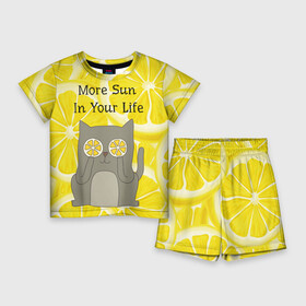 Детский костюм с шортами 3D с принтом More Sun In Your Life в Белгороде,  |  | cat | kitty | lemon | lemonade | limon | pussycat | summer | жара | желтый | кот | котенок | котики | котэ | кошка | лемон | лемонад | лето | лимон | лимонад | позитив | серый | сок | солнце | сочный | фрукт | цитрус | черный | яркий