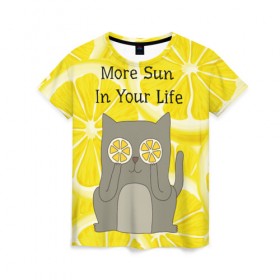 Женская футболка 3D с принтом More Sun In Your Life в Белгороде, 100% полиэфир ( синтетическое хлопкоподобное полотно) | прямой крой, круглый вырез горловины, длина до линии бедер | cat | kitty | lemon | lemonade | limon | pussycat | summer | жара | желтый | кот | котенок | котики | котэ | кошка | лемон | лемонад | лето | лимон | лимонад | позитив | серый | сок | солнце | сочный | фрукт | цитрус | черный | яркий