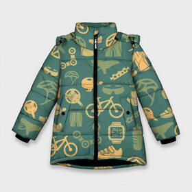 Зимняя куртка для девочек 3D с принтом Велосипед Текстура в Белгороде, ткань верха — 100% полиэстер; подклад — 100% полиэстер, утеплитель — 100% полиэстер. | длина ниже бедра, удлиненная спинка, воротник стойка и отстегивающийся капюшон. Есть боковые карманы с листочкой на кнопках, утяжки по низу изделия и внутренний карман на молнии. 

Предусмотрены светоотражающий принт на спинке, радужный светоотражающий элемент на пуллере молнии и на резинке для утяжки. | байк | велик | вело | велосипед | велосипеды | велоспорт | с велосипедом | спорт