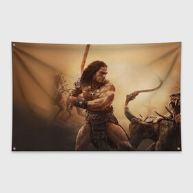 Флаг-баннер с принтом Conan Exiles Conan Хайбория Аканна Конан в Белгороде, 100% полиэстер | размер 67 х 109 см, плотность ткани — 95 г/м2; по краям флага есть четыре люверса для крепления | 