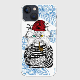 Чехол для iPhone 13 mini с принтом Кот Моряк в Белгороде,  |  | cat | бежевый | бирюзовый | глаза | желтый | коричневый | кот | котенок | котики | котэ | кошка | красный | матрос | матроска | матроскин | пират | полосатый | полоски | трубка | хипстер | черный | шапка