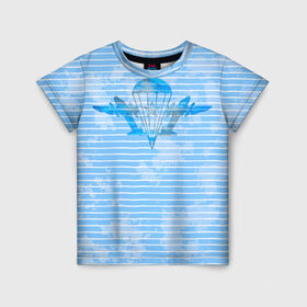 Детская футболка 3D с принтом ВДВ в Белгороде, 100% гипоаллергенный полиэфир | прямой крой, круглый вырез горловины, длина до линии бедер, чуть спущенное плечо, ткань немного тянется | вдв | голубая | никто кроме нас | парашют | полоски | самолеты | тельняшка